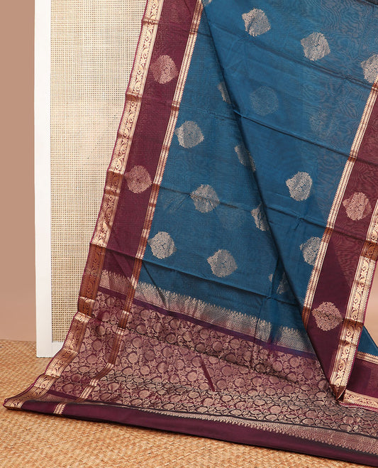 Blue motifs silk cotton saree with contrast zari design border & floral design pallu