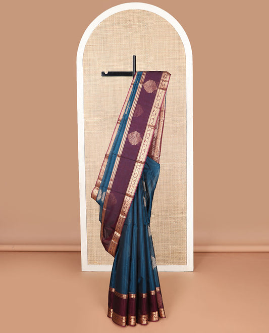 Blue motifs silk cotton saree with contrast zari design border & floral design pallu