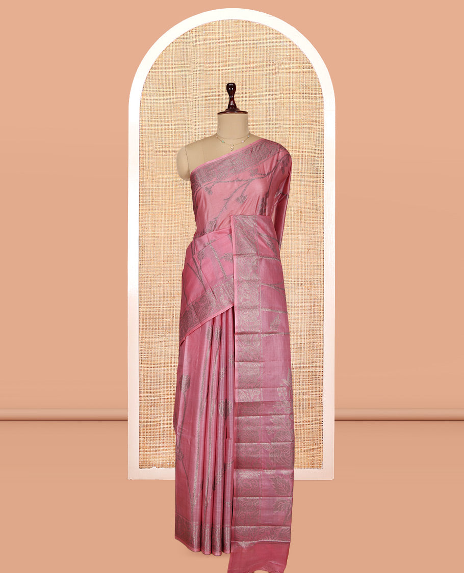 Pale Pink Tusser Silk Saree, Prettified with Floral Design, a Zari Border, Floral Pallu, and a Matching Blouse