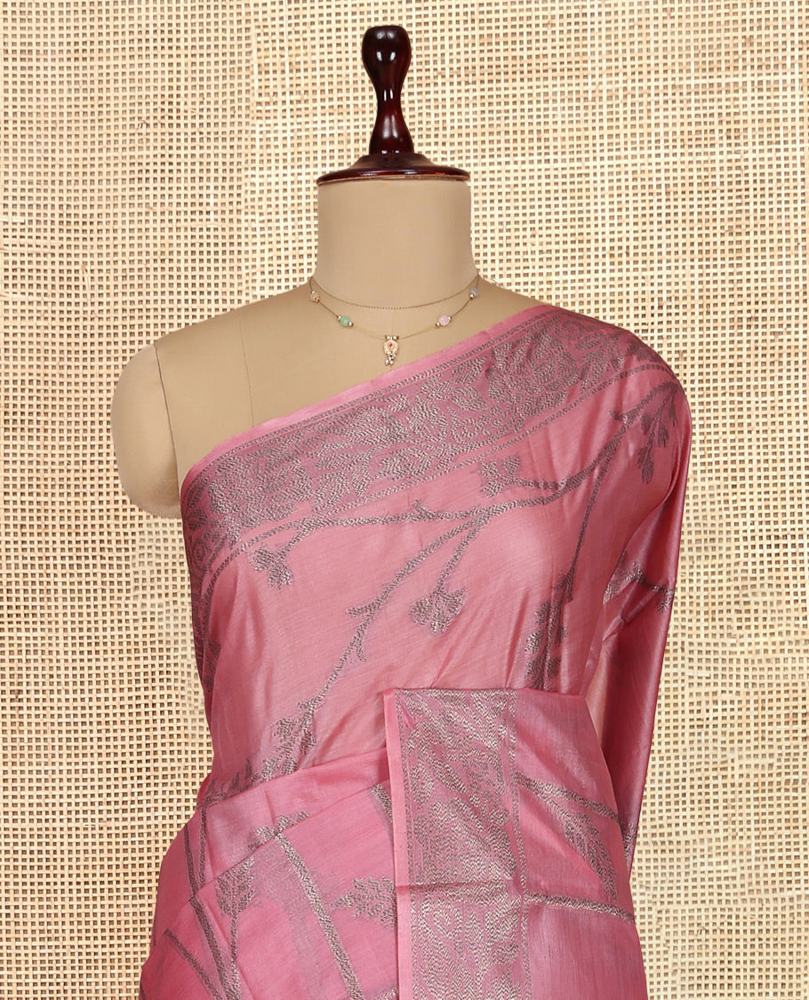 Pale Pink Tusser Silk Saree, Prettified with Floral Design, a Zari Border, Floral Pallu, and a Matching Blouse