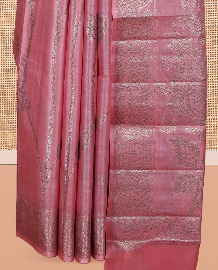 Pale Pink Tusser Silk Saree, Prettified with Floral Design, a Zari Border, Floral Pallu, and a Matching Blouse