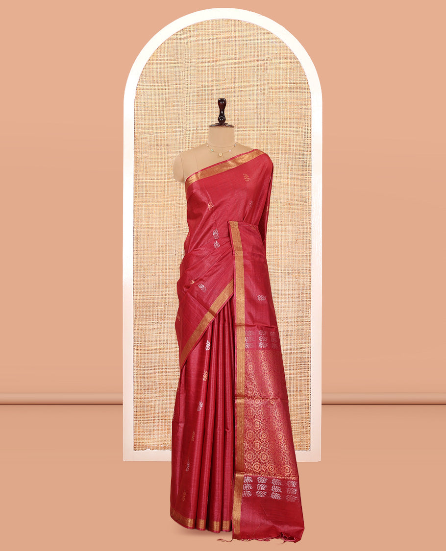 Red Tussar Saree, Impeccably Styled with Buttas, Highlighted by a Zari Border, Chakram Motifs Pallu, and a Matching Blouse