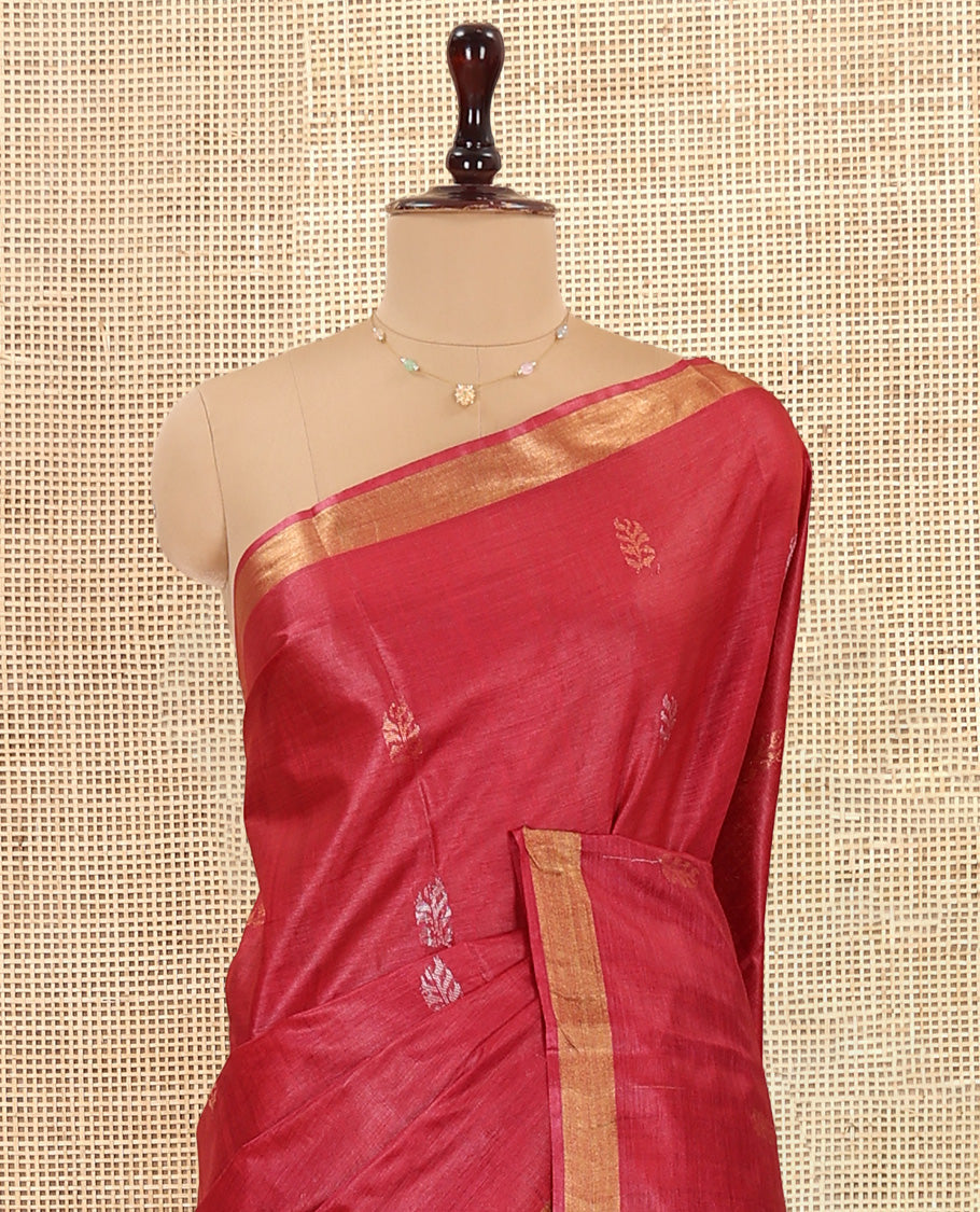 Red Tussar Saree, Impeccably Styled with Buttas, Highlighted by a Zari Border, Chakram Motifs Pallu, and a Matching Blouse