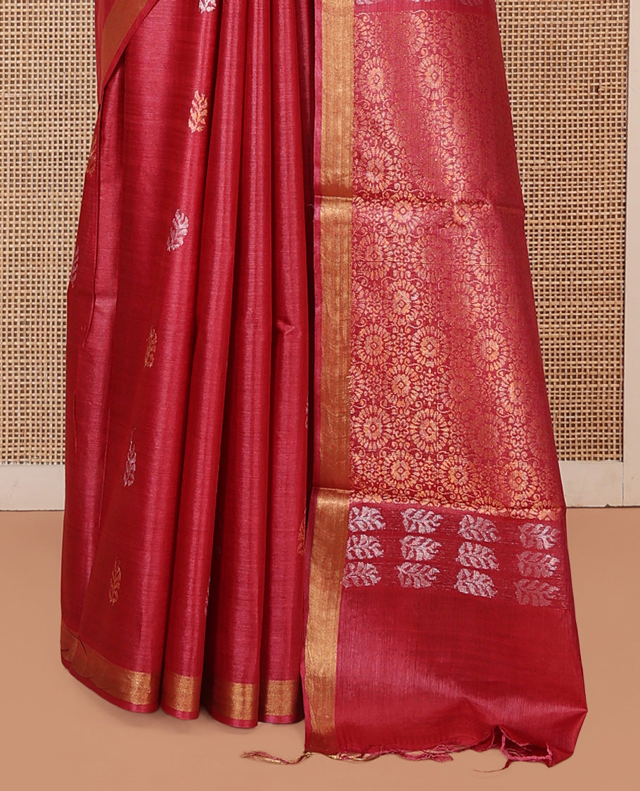 Red Tussar Saree, Impeccably Styled with Buttas, Highlighted by a Zari Border, Chakram Motifs Pallu, and a Matching Blouse