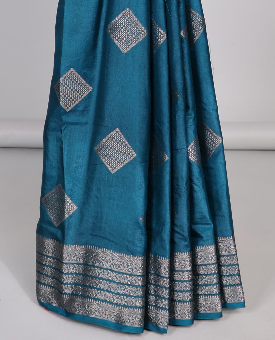 Blue square motifs semi- banaras tussar saree with self zari striped border &  square motifs pallu