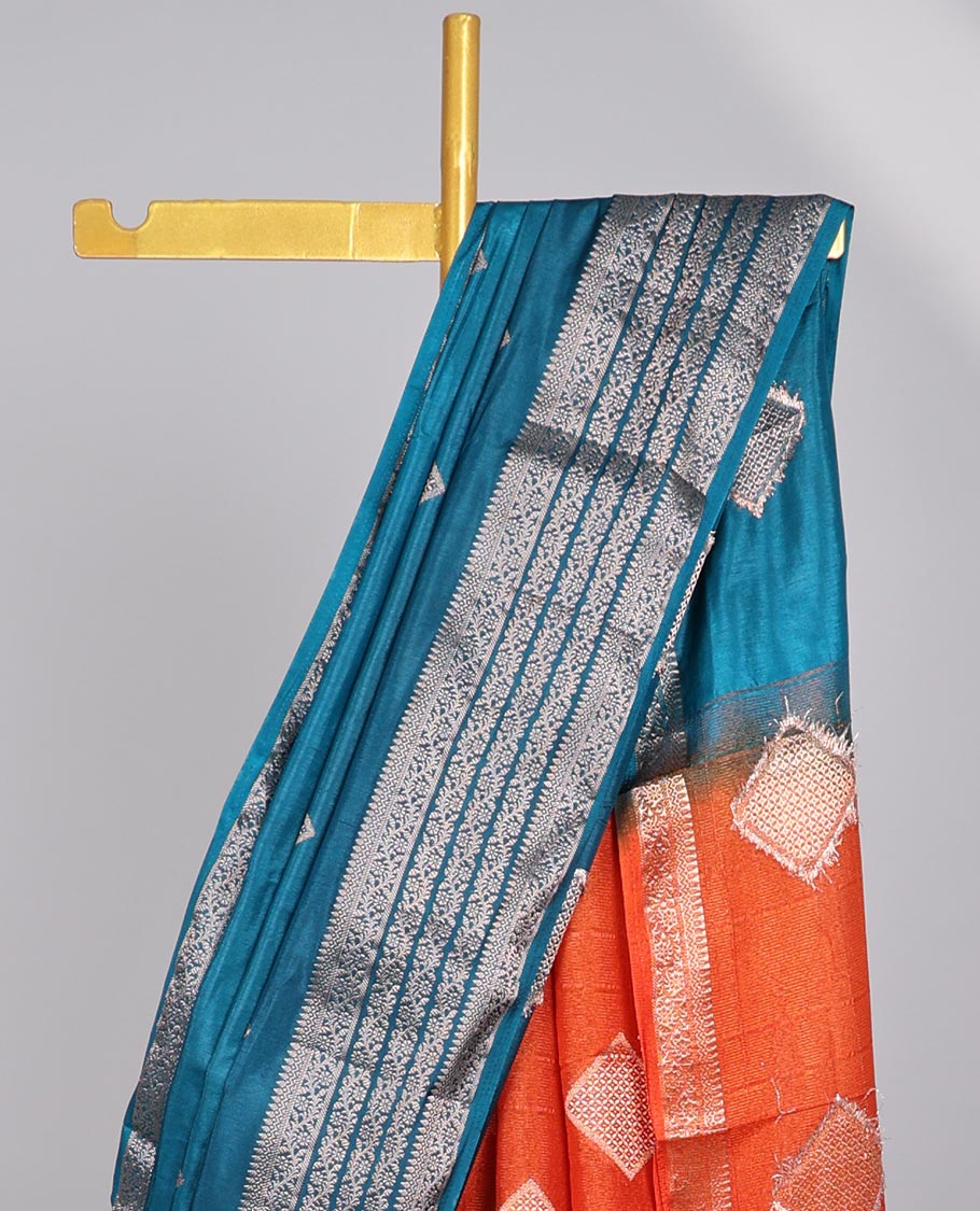 Blue square motifs semi- banaras tussar saree with self zari striped border &  square motifs pallu