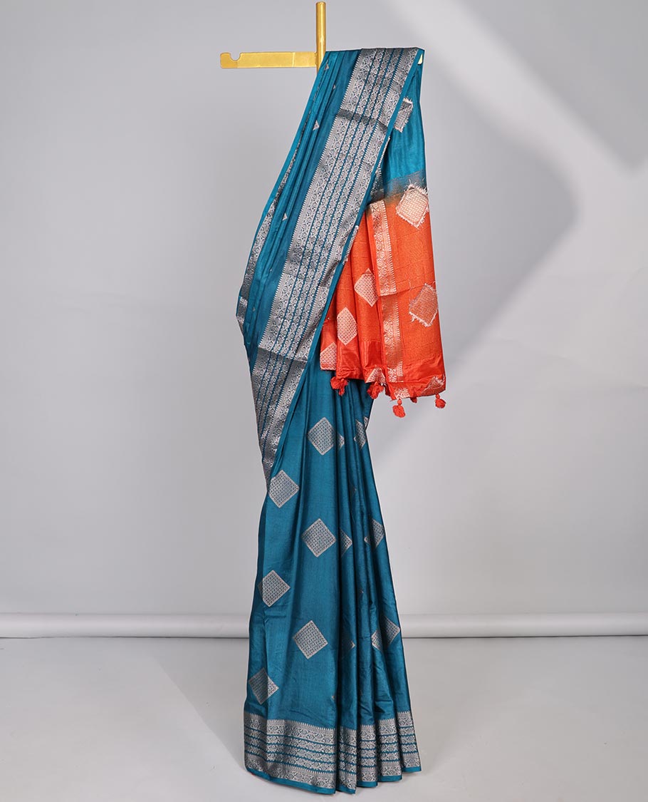 Blue square motifs semi- banaras tussar saree with self zari striped border &  square motifs pallu