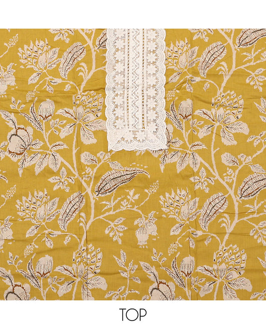 Yellow material chudidar set, floral vine printed with neck embroidered top, contrast plain bottom, and block printed dupatta