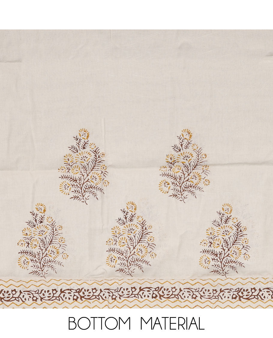 Yellow material chudidar set, floral vine printed with neck embroidered top, contrast plain bottom, and block printed dupatta