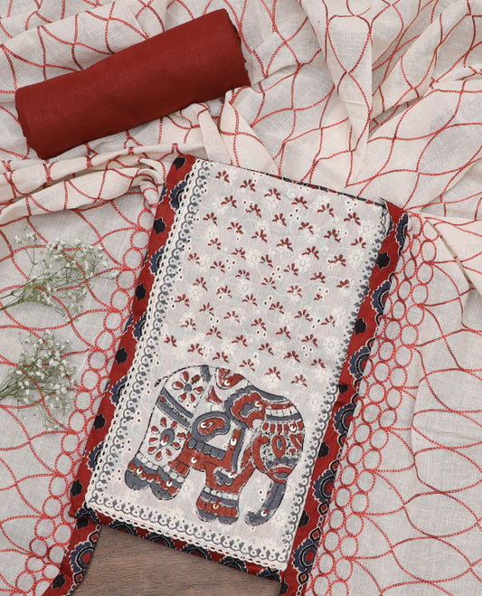 Terracotta material chudidar set, geometric print with elephant print cut work patch embroidery top, plain bottom, and geometric thread embroidered dupatta