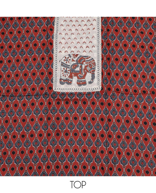Terracotta material chudidar set, geometric print with elephant print cut work patch embroidery top, plain bottom, and geometric thread embroidered dupatta