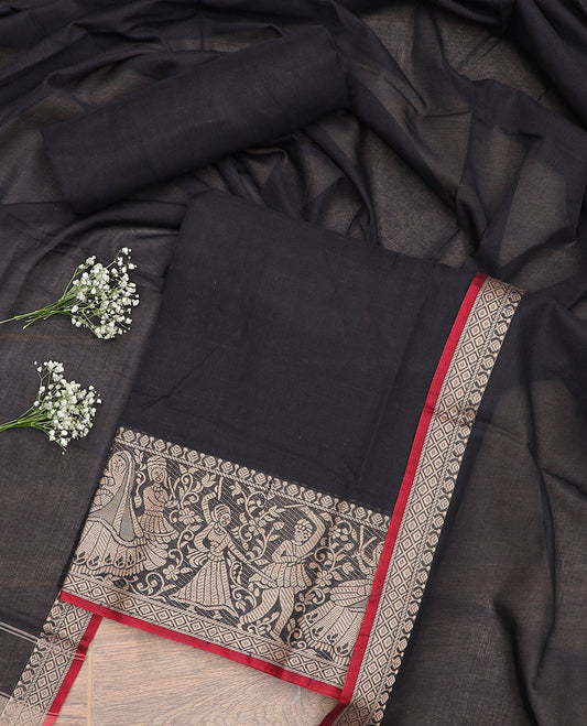 Black wedding design chudidhar material top with plain bottom & plain, zari design border dupatta