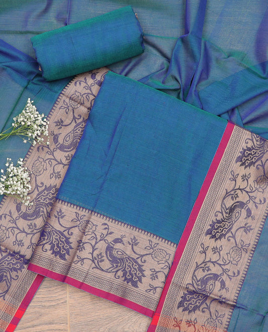 Blue peacock, floral design chudidhar material top with plain bottom & plain, zari design border dupatta