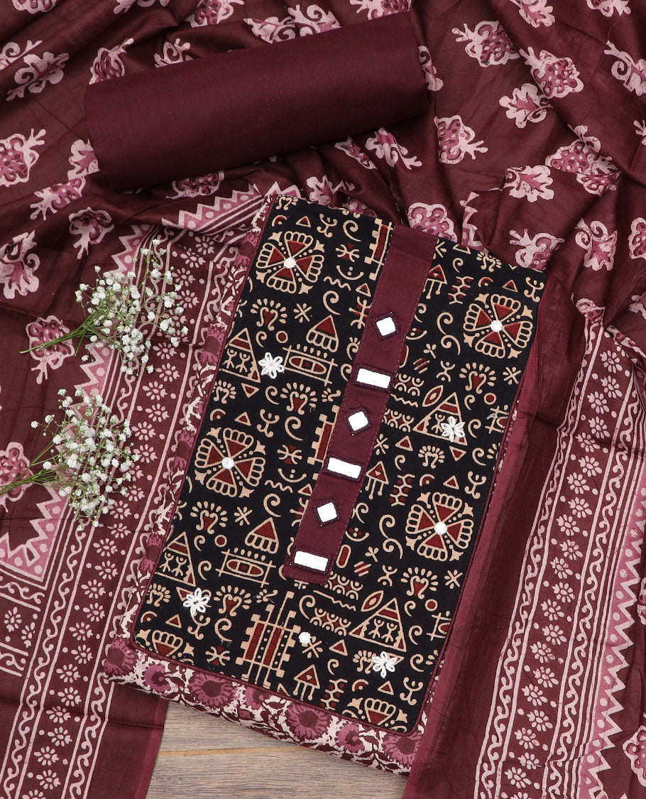 Brown material chudidar set, floral vine print with cloth patch embroidered top, plain bottom, and batik-style floral printed dupatta