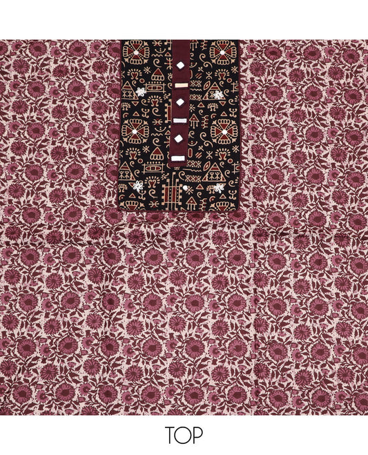 Brown material chudidar set, floral vine print with cloth patch embroidered top, plain bottom, and batik-style floral printed dupatta