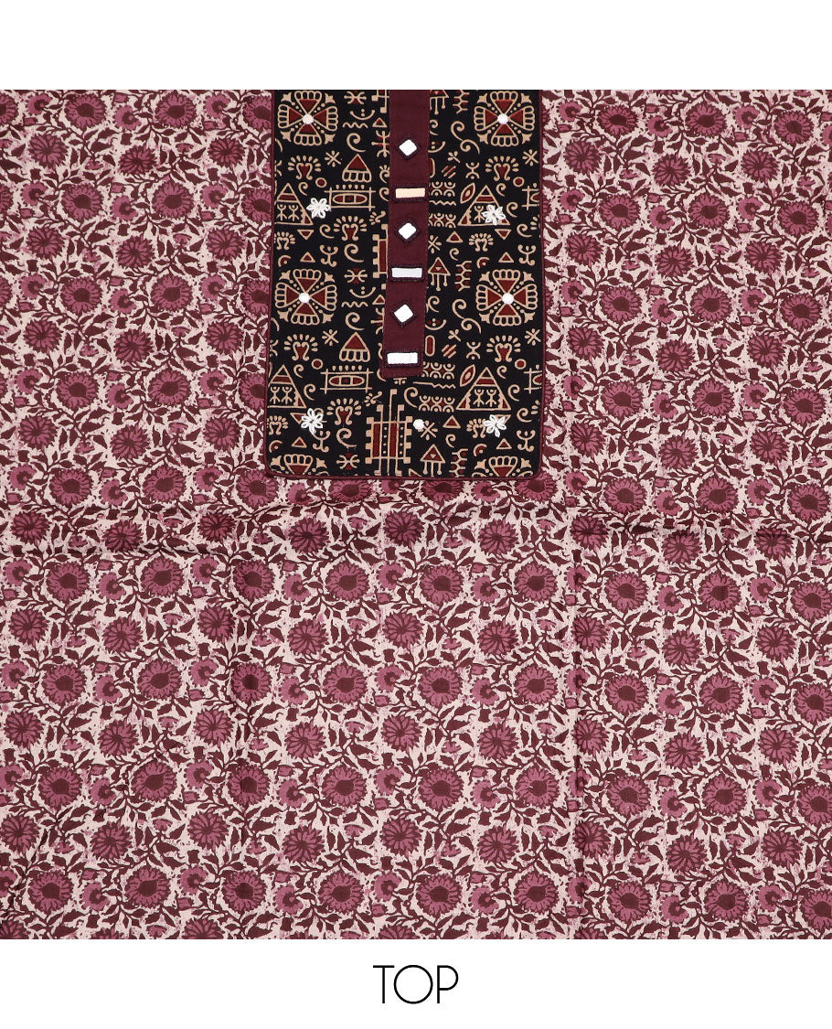 Brown material chudidar set, floral vine print with cloth patch embroidered top, plain bottom, and batik-style floral printed dupatta