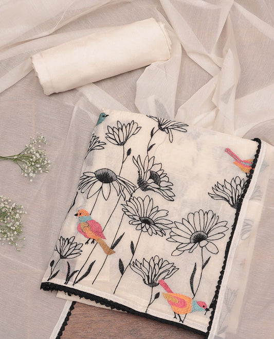 Cream Chanderi Cotton Material Churidar Set, Masterfully Woven with Floral and Bird Embroidery Top, Matching Rayon Bottom, and Floral-Bird Embroidery Dupatta