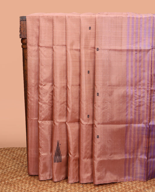 Borderless Peach Banana Pith Saree, Artfully Woven with Temple Buttas All Over Its Body, Complemented by a Contrast Pallu of Stripes and Temple Buttas, and Paired with a Contrast Blouse