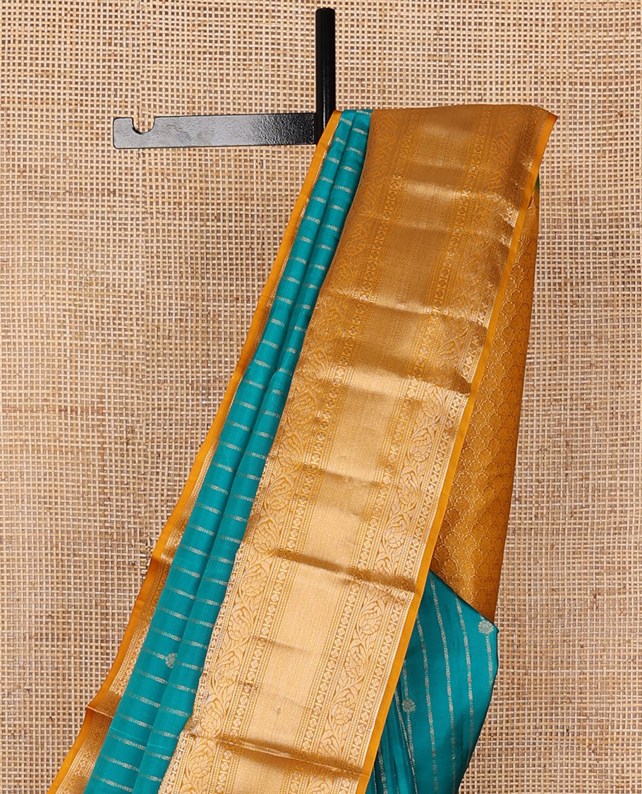 Blue zari buttas silk saree, contrast scallop design pallu & border of thilakam mokku,banaras,muthu,lavangam & kodi visiry