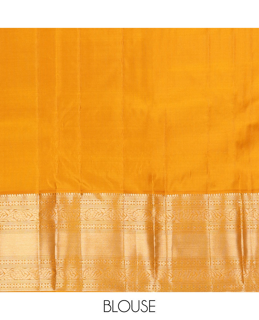 Blue zari buttas silk saree, contrast scallop design pallu & border of thilakam mokku,banaras,muthu,lavangam & kodi visiry