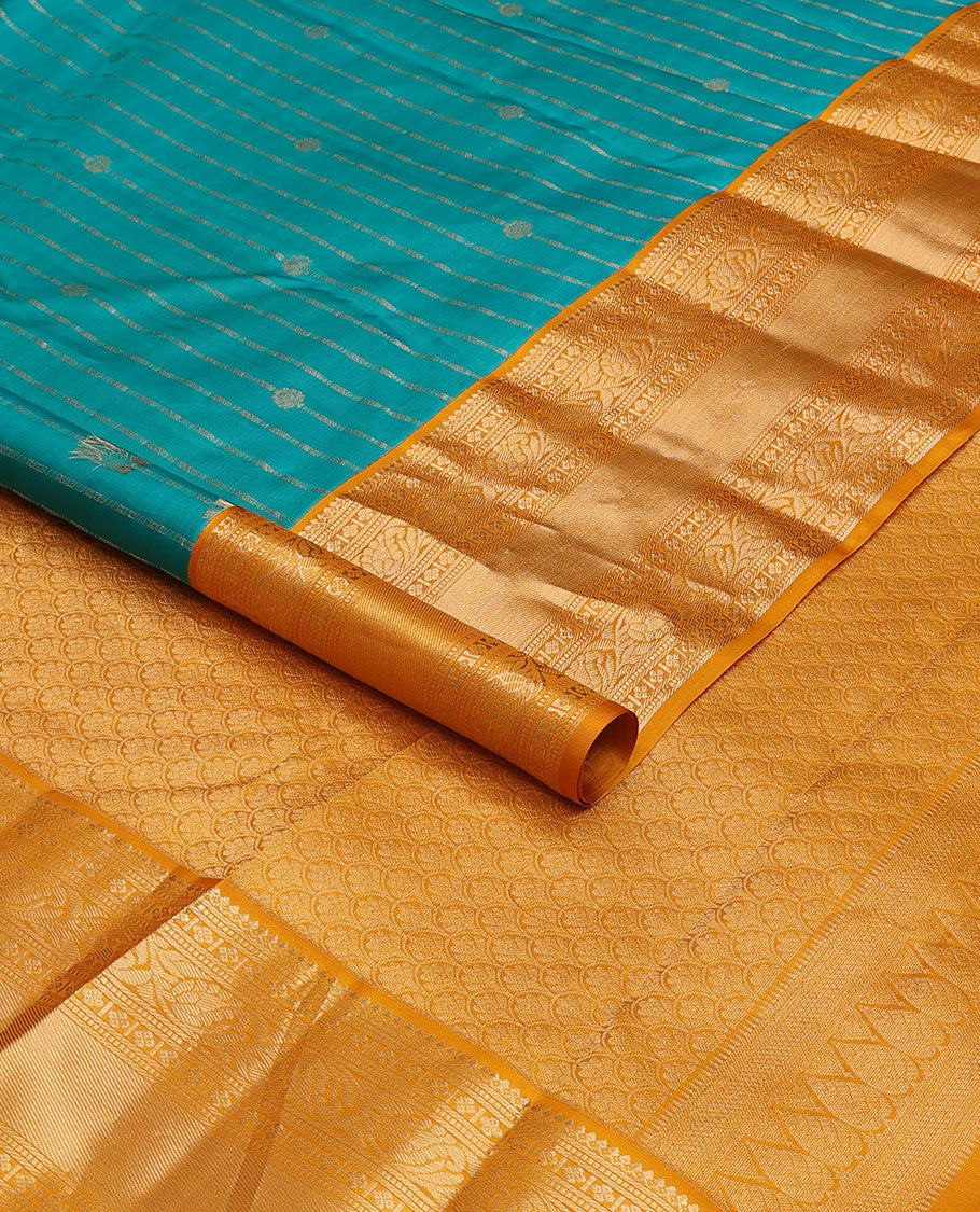Blue zari buttas silk saree, contrast scallop design pallu & border of thilakam mokku,banaras,muthu,lavangam & kodi visiry