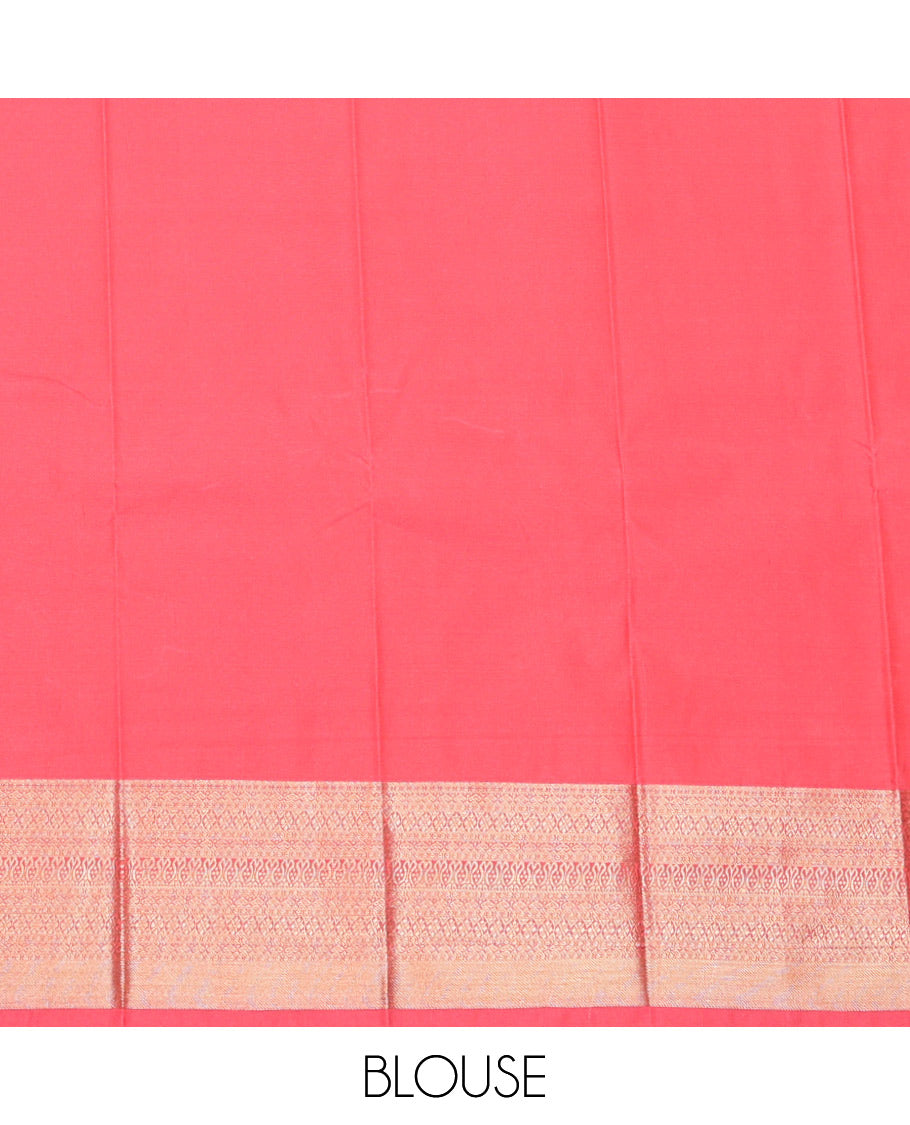 Pink Budget Silk Saree Adorned with Zari Stripes and Diamond Buttas, Highlighted with a Traditional Zari Design Border, Opulently Embellished Pallu of Jaal Design, and Paired with a Matching Blouse