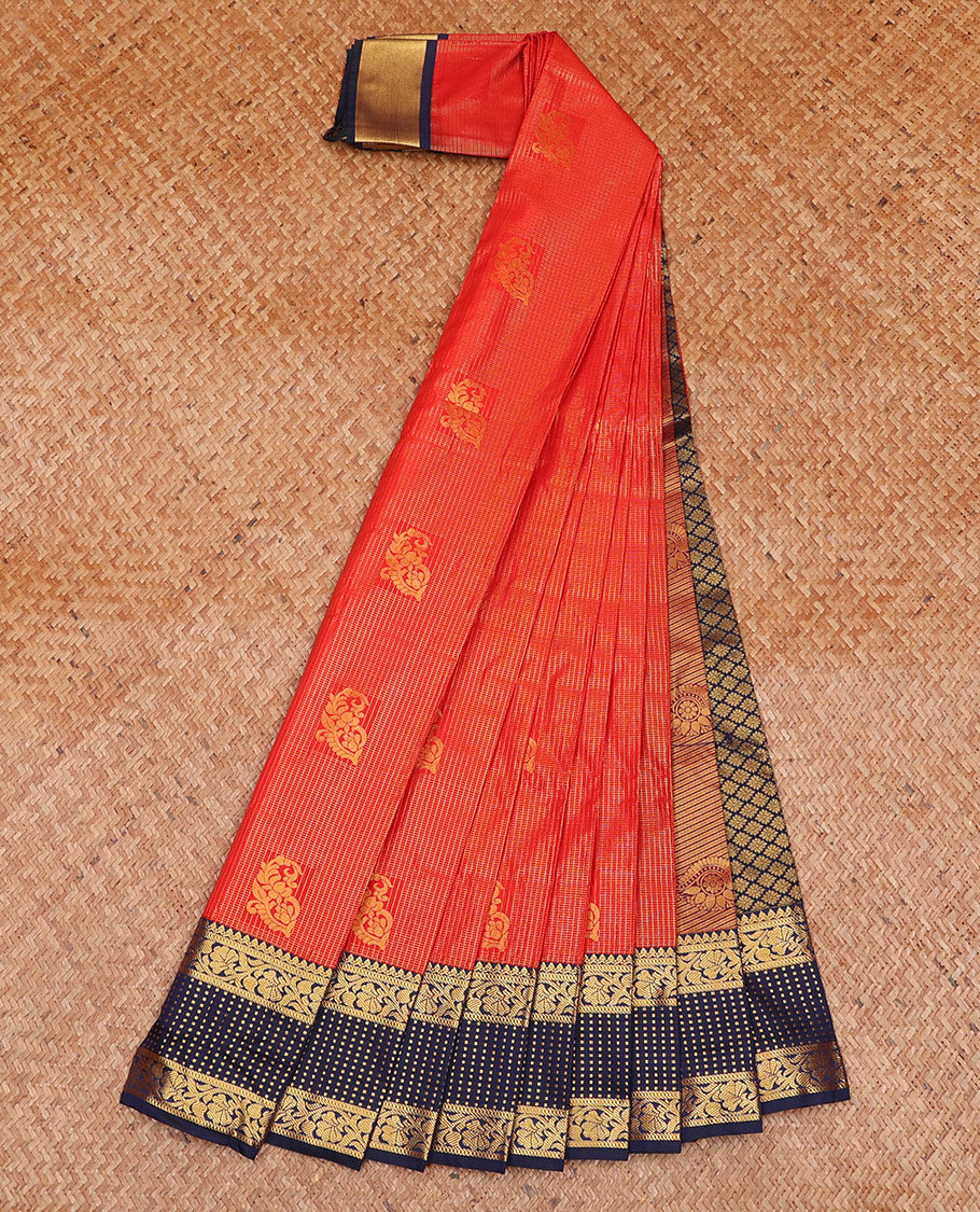 Red Budget Silk Saree Woven with Zari Buttas and Zari Micro-Checks, Complemented with a Contrast Traditional Zari Design Border, Zari -Rich Jaal Pallu, and Paired with a Contrast Blouse