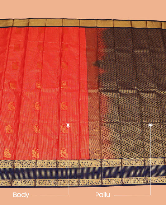 Red Budget Silk Saree Woven with Zari Buttas and Zari Micro-Checks, Complemented with a Contrast Traditional Zari Design Border, Zari -Rich Jaal Pallu, and Paired with a Contrast Blouse