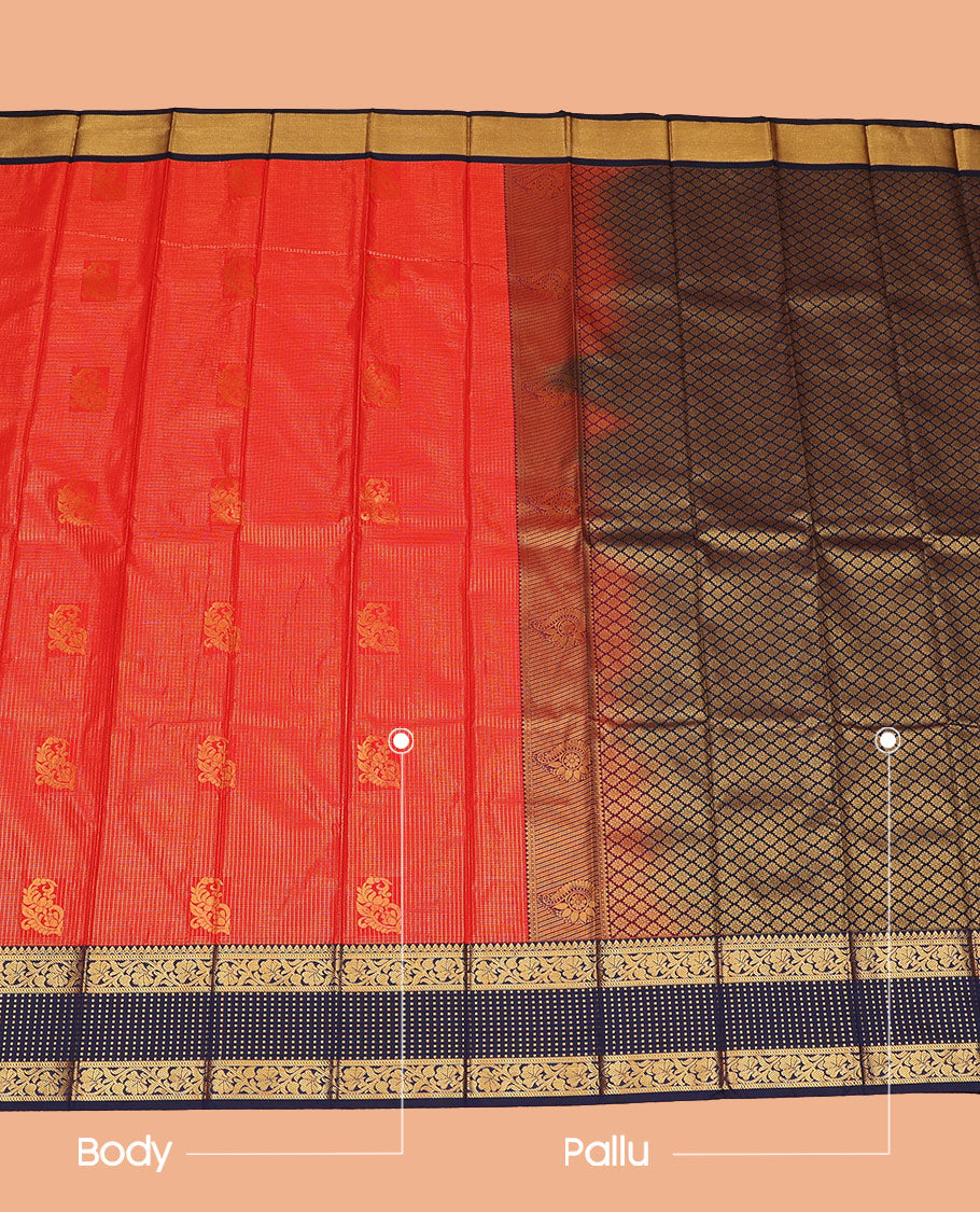 Red Budget Silk Saree Woven with Zari Buttas and Zari Micro-Checks, Complemented with a Contrast Traditional Zari Design Border, Zari -Rich Jaal Pallu, and Paired with a Contrast Blouse