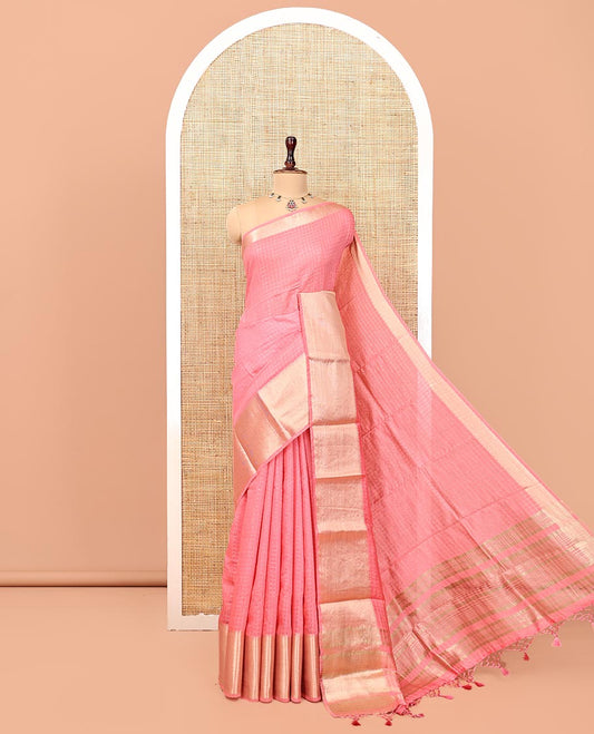 Pink Assam Silk Saree, Sparsely Woven with Checks, Traditional Zari Border, Zari-Striped Pallu, and a Contrast Blouse