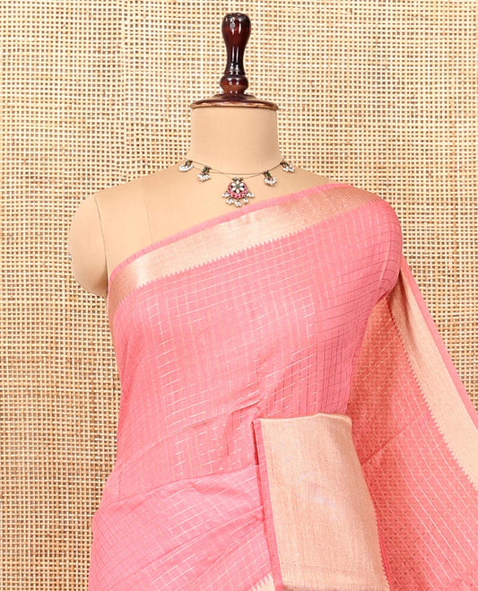 Pink Assam Silk Saree, Sparsely Woven with Checks, Traditional Zari Border, Zari-Striped Pallu, and a Contrast Blouse
