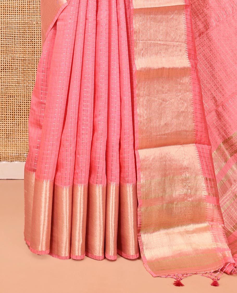 Pink Assam Silk Saree, Sparsely Woven with Checks, Traditional Zari Border, Zari-Striped Pallu, and a Contrast Blouse