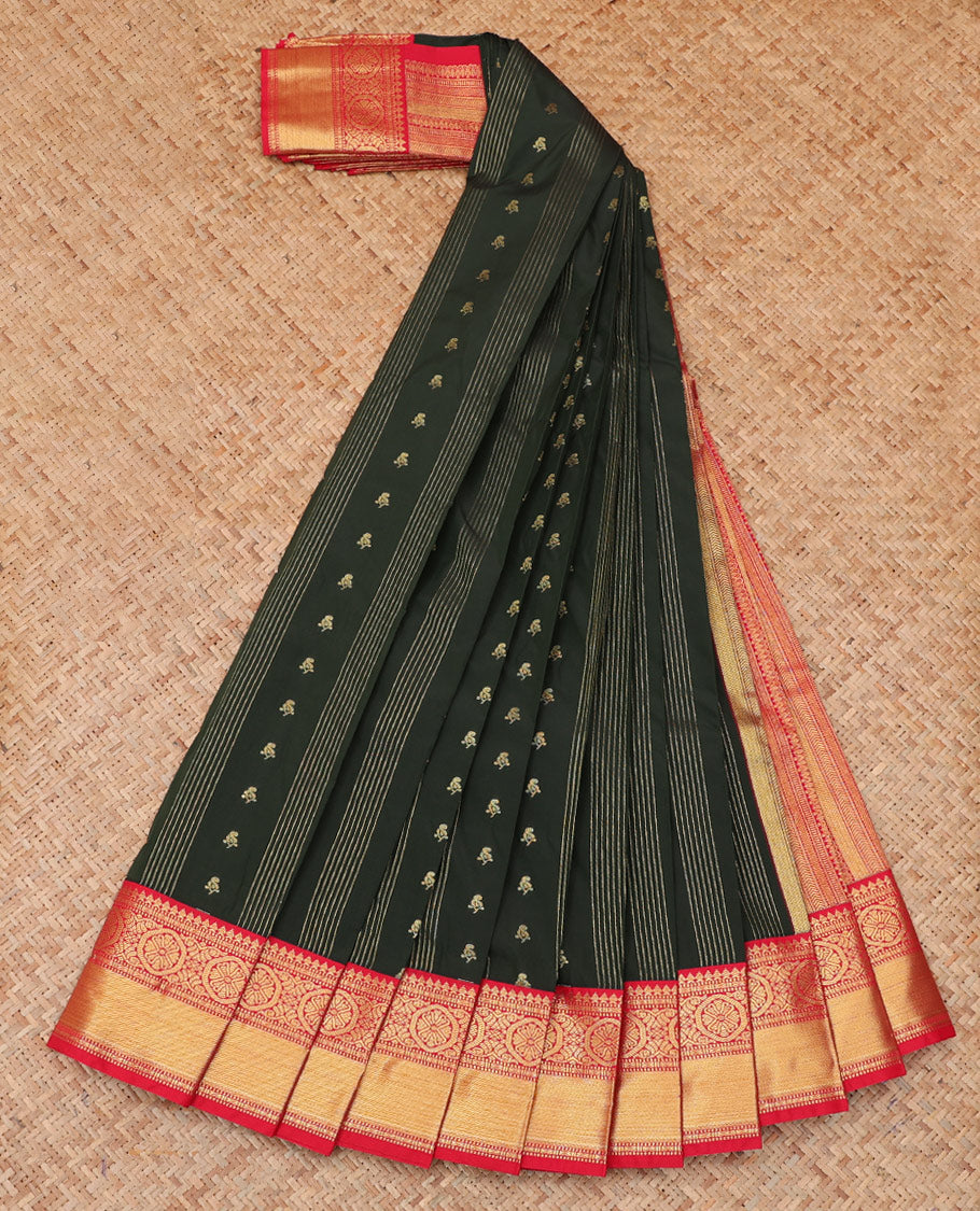 Deep Green Budget Silk Saree, Elevated with Zari Buttas and Stripes, a Contrast Traditional Zari Border, Grand Pallu, and a Contrast Blouse