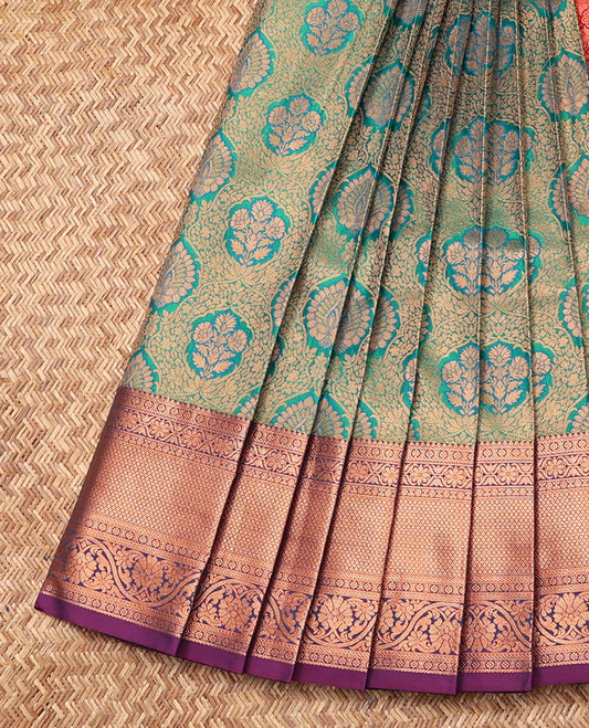 Green Budget Silk Saree, Detailed with Jacquard Design, Contrast Traditional Zari Border, Grand Pallu, and a Contrast Blouse