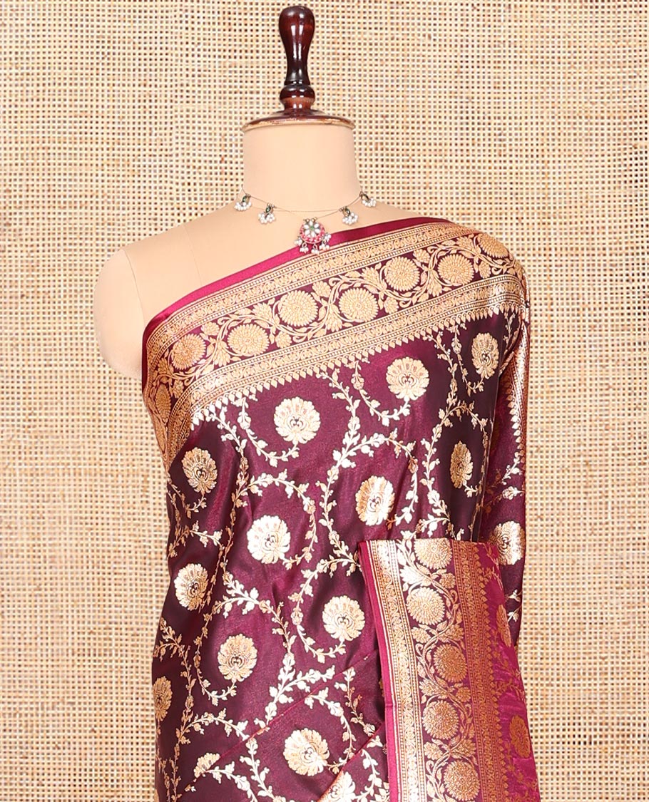 Maroon Banarasi Nylon Saree, Mesmerized with  Jaal Jacquard, Floral Creeper Zari Border, Intricate Pallu, and a Matching Blouse