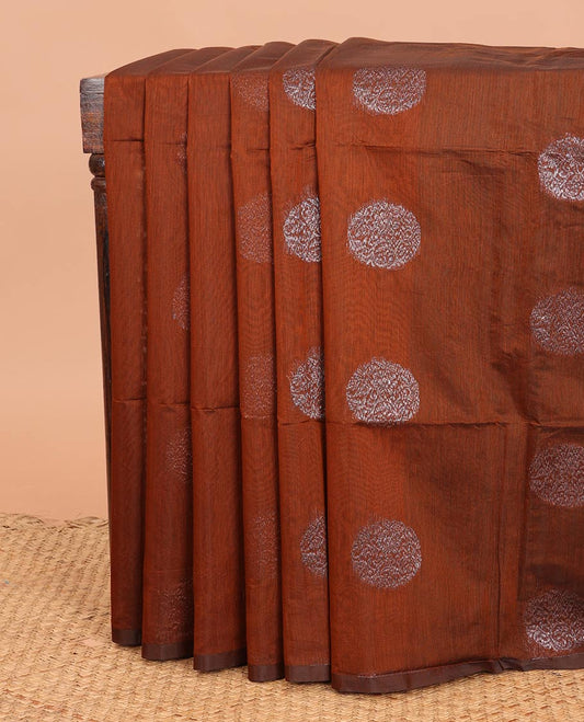 Borderless orange round zari buttas semi-silk cotton saree, contrast jaal pallu