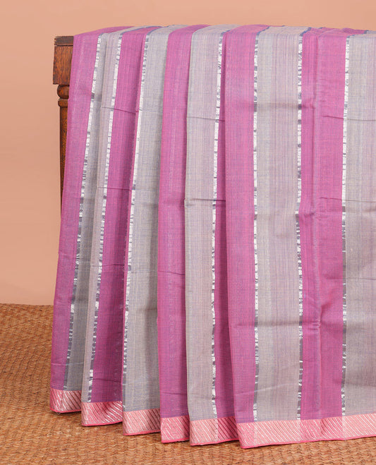 Purple and Light Grey Striped Mangalagiri Cotton Saree, Complemented by Contrast Zari Border, Pallu of Stripes, and Paired with a Matching Blouse