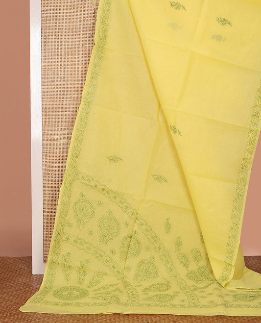 Yellow Lucknowi Chikankari Cotton Saree, Sparsely Woven with Floral Motifs Embroidery on Its Body, Subtle Floral Vine Embroidery Border, Pallu of Intricate Embroidery, and Comes Without a Blouse