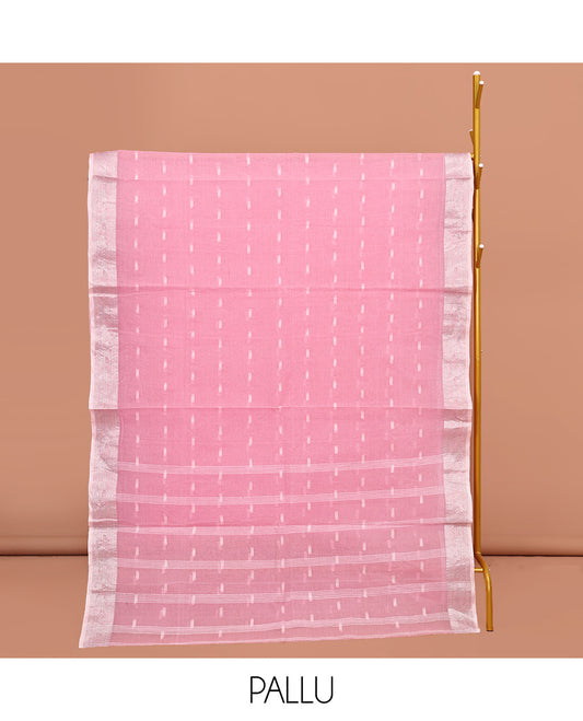 Pink Bengal Cotton Saree, Enthralled with Buttas All Over Its Body, Complemented by a Contrast Paisley Zari Design Border, Pallu of Stripes, and Paired with a Matching Blouse