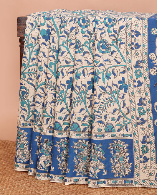 Sandal-base floral vine machine-printed kalamkari cotton saree, contarst human motifs printed border & pallu of Pichwai cow & Radha Krishna print