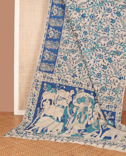 Sandal-base floral vine machine-printed kalamkari cotton saree, contarst human motifs printed border & pallu of Pichwai cow & Radha Krishna print