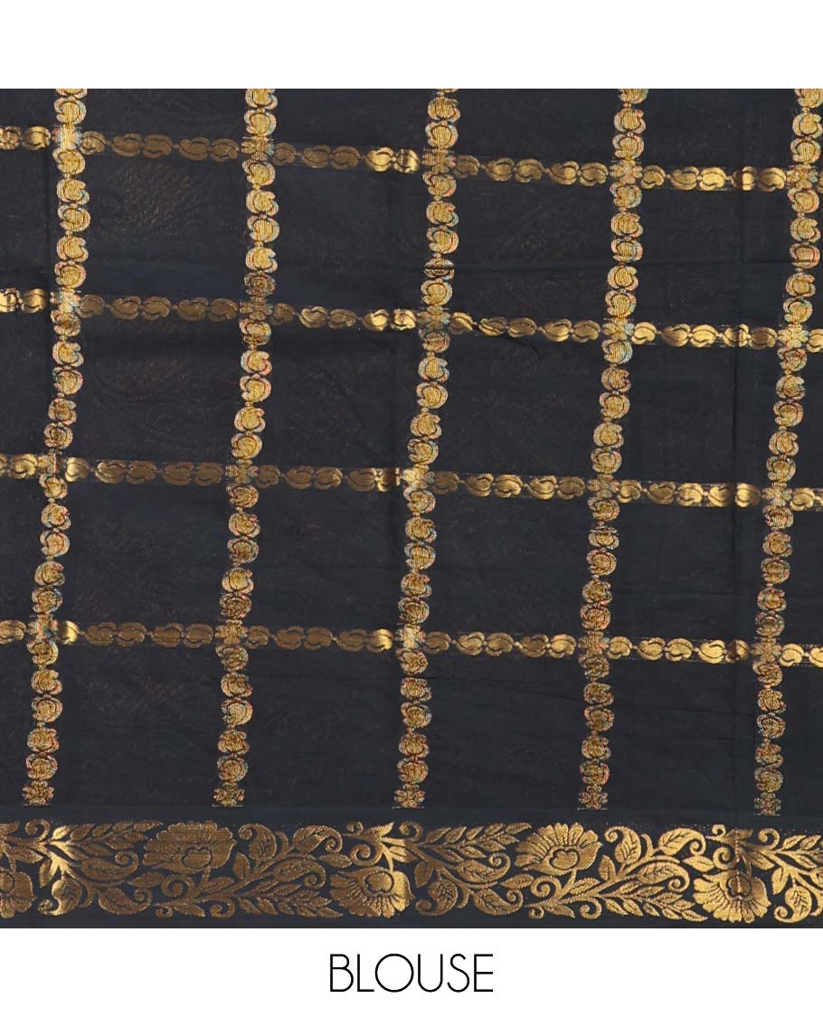 Blue zari buttas enclosed checked Sungudi cotton saree, contrast floral-paisley zari border & intricate pallu