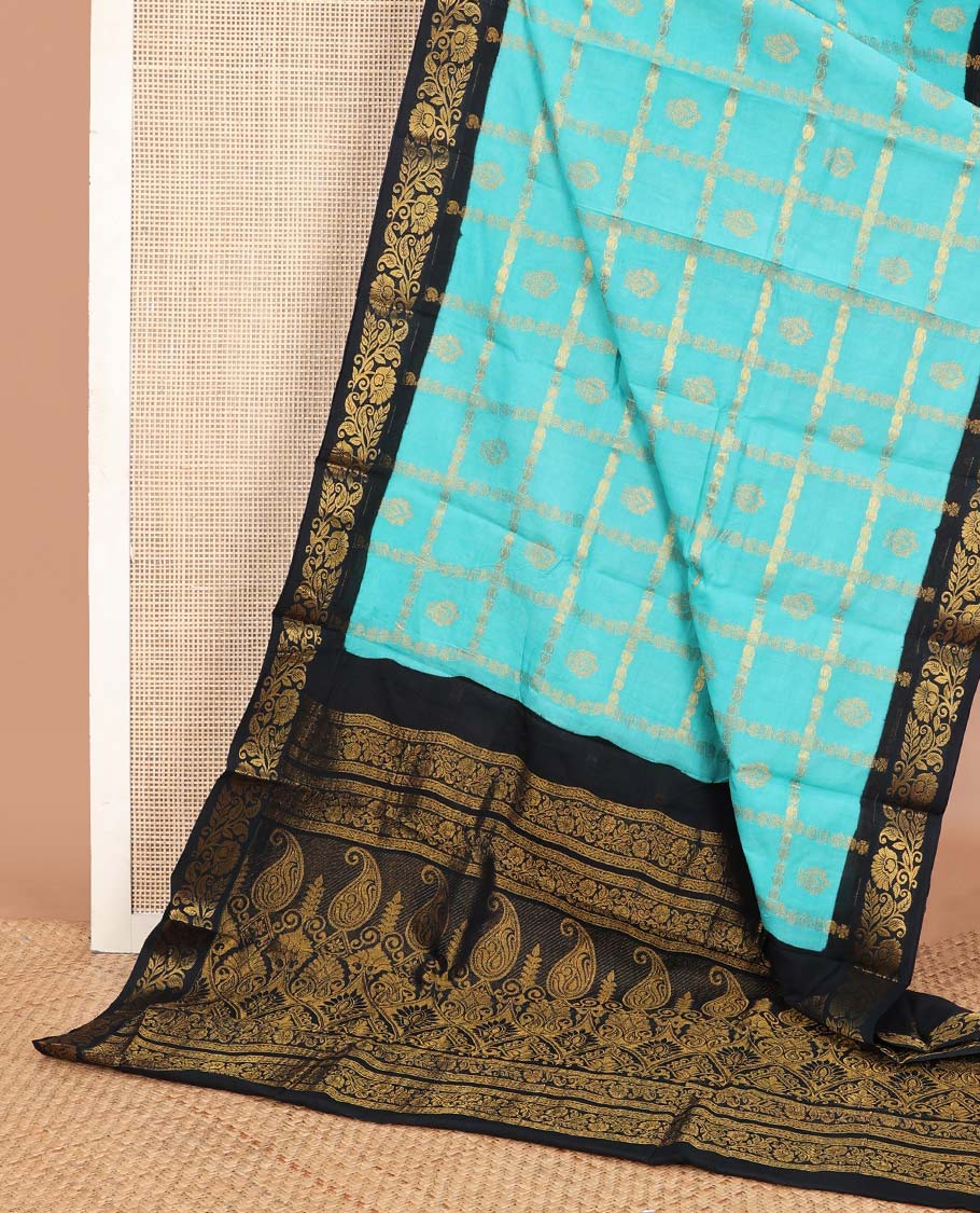 Blue zari buttas enclosed checked Sungudi cotton saree, contrast floral-paisley zari border & intricate pallu