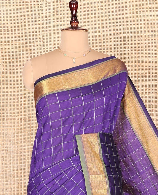 Violet Kuppadam Cotton Saree, Adorned with Checked Design on Its Body, Complemented by Contrast Traditional Zari Design Border, Pallu of Zari Designs, and Paired with a Contrast Blouse