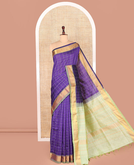 Violet Kuppadam Cotton Saree, Adorned with Checked Design on Its Body, Complemented by Contrast Traditional Zari Design Border, Pallu of Zari Designs, and Paired with a Contrast Blouse