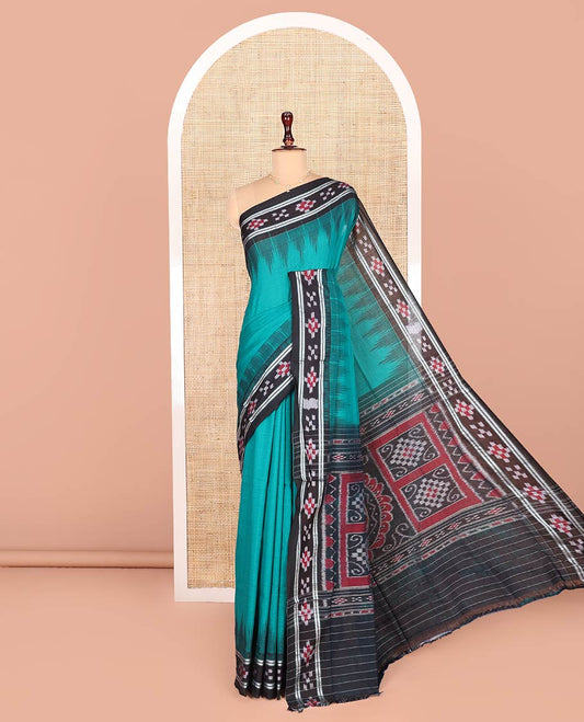 Blue Plain Odisha Cotton Saree, Complemented by a Contrast Temple Border of Pasapalli Weaves, Pallu Features Intricate Patterns, and Has No Blouse
