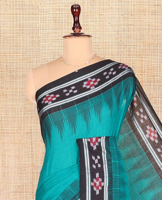 Blue Plain Odisha Cotton Saree, Complemented by a Contrast Temple Border of Pasapalli Weaves, Pallu Features Intricate Patterns, and Has No Blouse