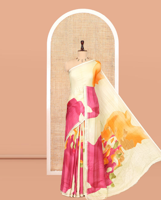 Yellow Moss Chiffon Saree Features an Abstract Print, a Gold Zari Border, Printed Pallu, and Matching Blouse