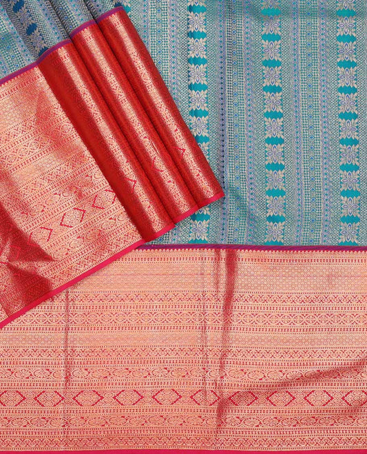Peacock blue pure silk half-saree, jacquard with contrast traditional zari bordered skirt, contrast zari design blouse, and zari design dhavani