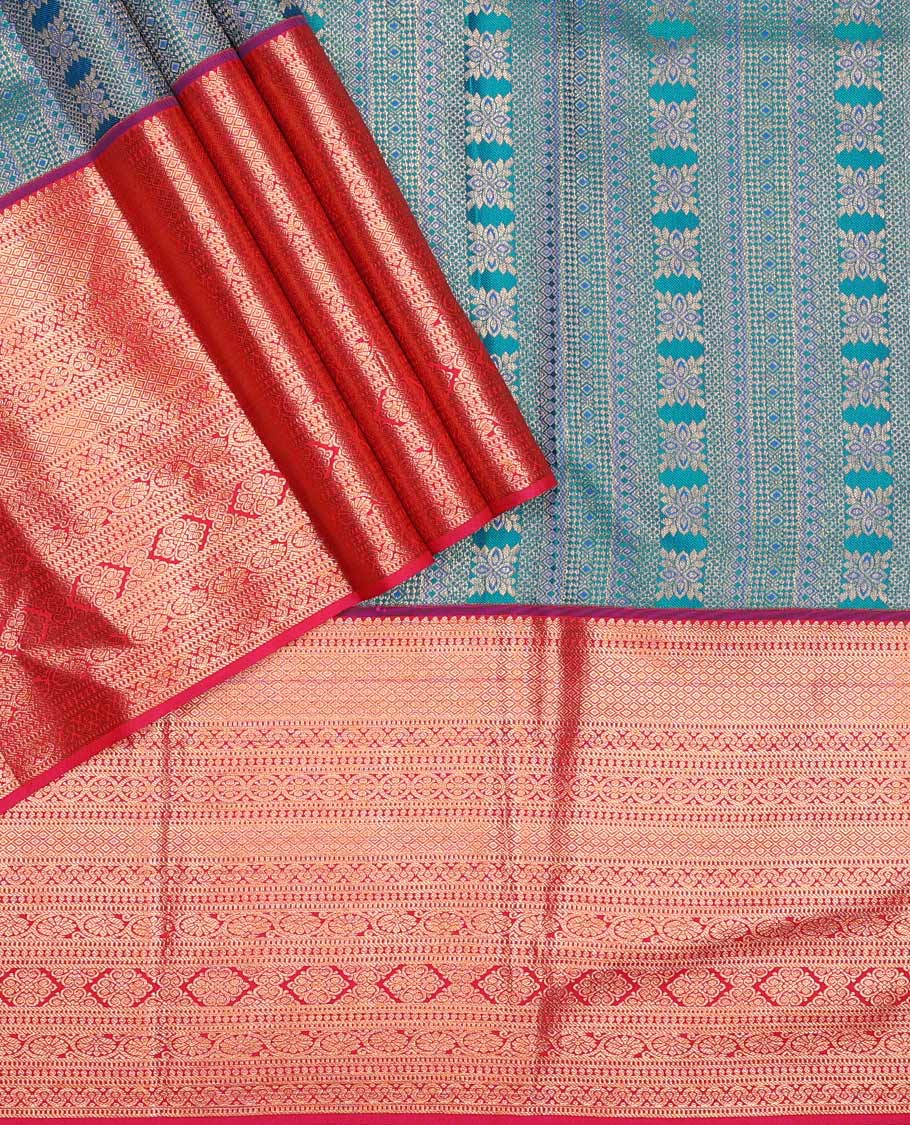 Peacock blue pure silk half-saree, jacquard with contrast traditional zari bordered skirt, contrast zari design blouse, and zari design dhavani